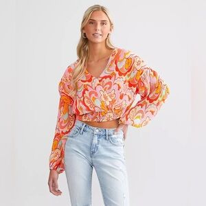 Privy Pleated Surplice Retro Floral Cropped Top
